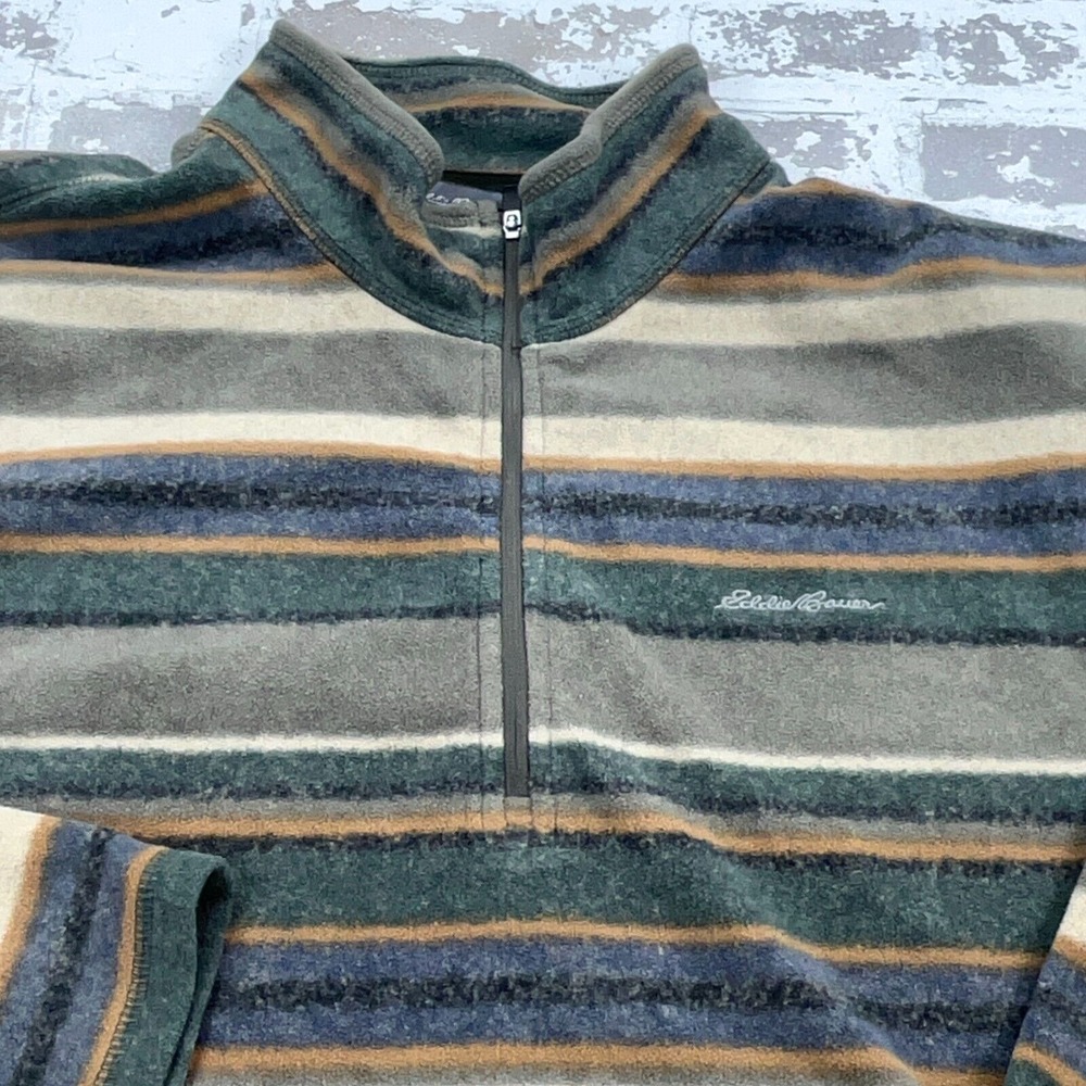 Eddie Bauer Sweater Men XXL 2XL Fleece Pullover Jacket Green Brown Striped - Picture 2 of 9